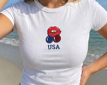 Coquette USA Cherry Embroidered Shirt, Patriotic Red Lips Graphic Baby Tee, 4th of July Coastal Summer T-Shirt, Gift for her