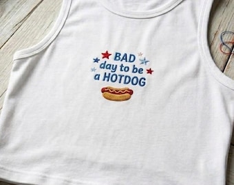 Bad Day To Be A Hotdog Embroidered Crop Top - Funny Summer Graphic Tee, Casual Aesthetic Tank Top, Cute Foodie Shirt, Gift For Her