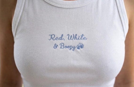 Embroidered Red White and Boozy Croptop, Patriotic Ribbed Tank Top, 4th of July USA Pride Shirt,, Gift for Her, Independence Day Gift