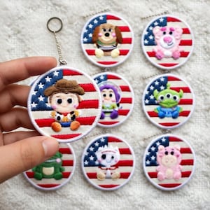 Toy Story Character Keychain, Woody Buzz Alien Embroidered Key Fob, USA Flag Toy Story Embroidery, Disney Pixar Fan Gift