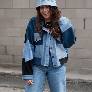 Patchwork Denim Jacket Button Up Jean Jacket Recycled Jeans Upcycled Denim Handmade Canadian Made Gift for Her Thrifted Denim image 2