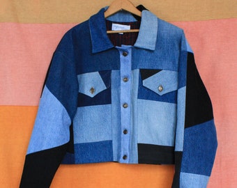 Patchwork Denim Jacket Button up Jean Jacket Recycled Jeans