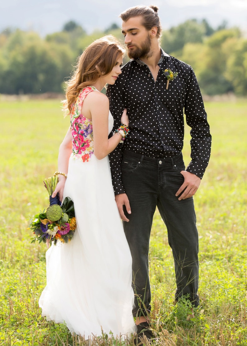 Alternative Wedding Gown White Tulle Dress with Colourful Lace Floral Back Fit and Flare Wedding Gown Full Skirt Custom Order image 3