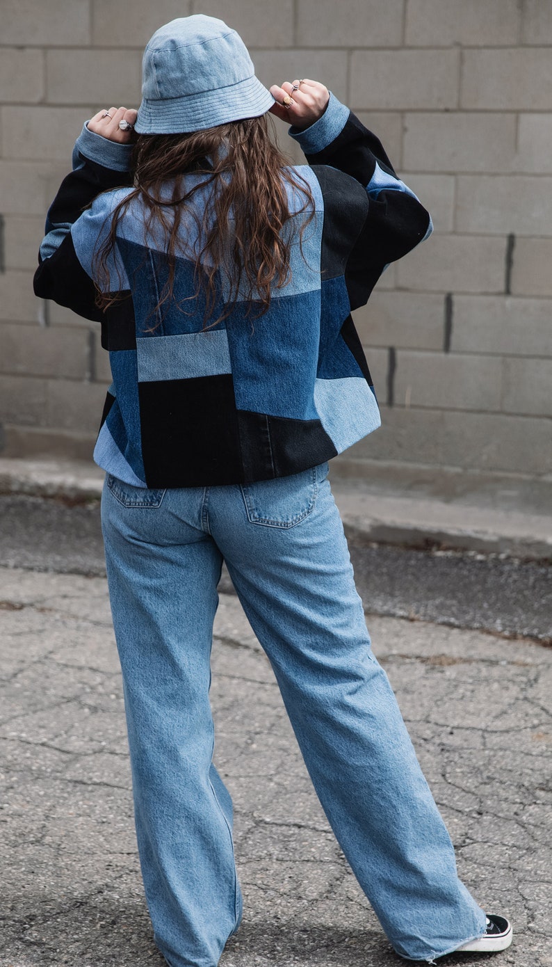 Patchwork Denim Jacket Button Up Jean Jacket Recycled Jeans Upcycled Denim Handmade Canadian Made Gift for Her Thrifted Denim image 4