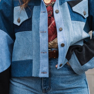 Patchwork Denim Jacket Button Up Jean Jacket Recycled Jeans Upcycled Denim Handmade Canadian Made Gift for Her Thrifted Denim image 5