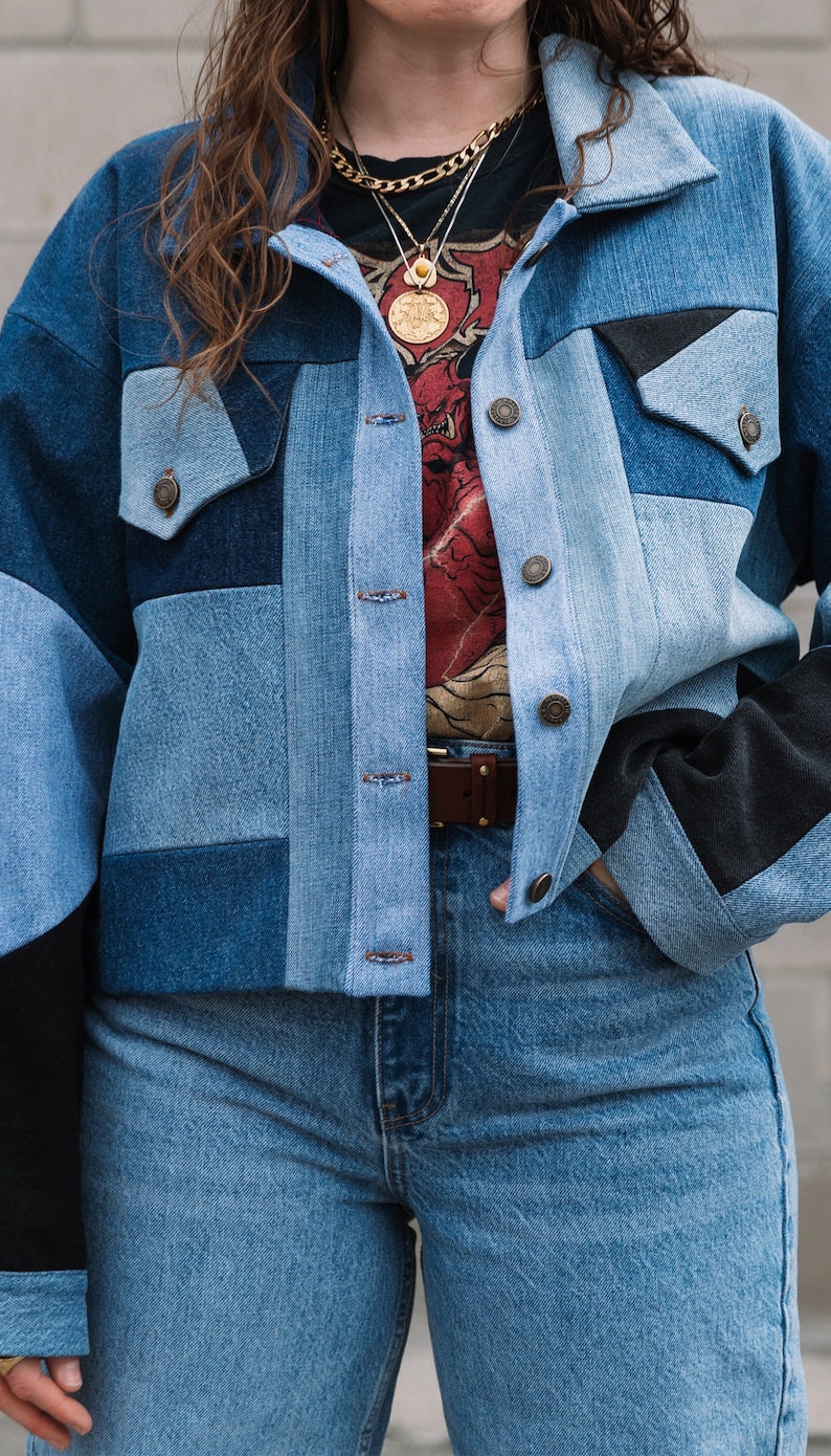 Patchwork Denim Jacket Button Up Jean Jacket Recycled Jeans Upcycled Denim Handmade Canadian Made Gift for Her Thrifted Denim image 5