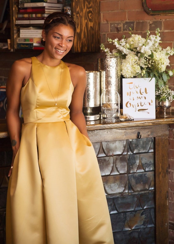 Alternative Wedding Gown Custom Colour Options Bridesmaid Dress Fit and Flare Dress Pleated Skirt Pockets High Low Hem Gold Etsy