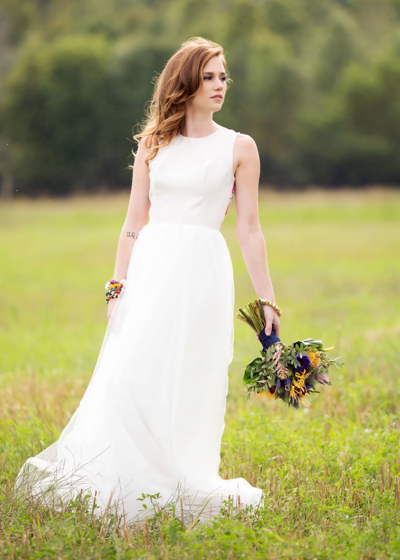 Alternative Wedding Gown White Tulle Dress with Colourful Lace Floral Back Fit and Flare Wedding Gown Full Skirt Custom Order image 2