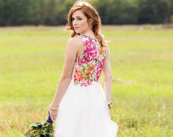 White Tulle Wedding Gown with Floral Lace Back | Custom Fit & Flare