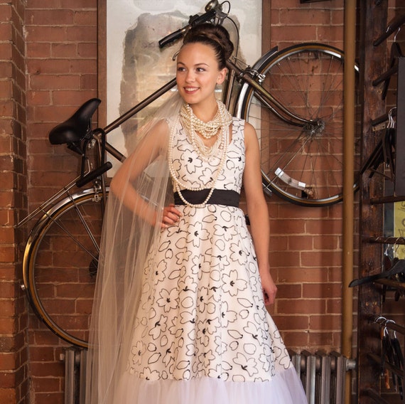Alternative Wedding Gown Black And White Embroidered Flowers Etsy