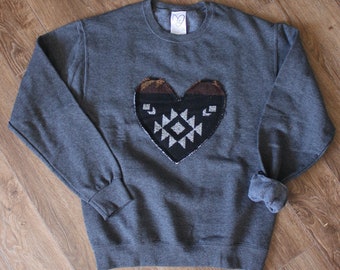 Black & Brown Patterned Heart Sweater | Dark Grey | Oversized | Unisex | Soft and Comfy | Weekend Clothing | Gift for Mom | Holiday Gift