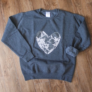 Silver Floral Heart Sweater | Dark Grey | Oversized | Unisex | Soft and Comfy | Weekend Sweater | Embroidered Lace | Holiday Sweater |