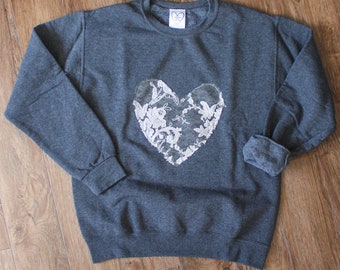 Silver Floral Heart Sweater | Dark Grey | Oversized | Unisex | Soft and Comfy | Weekend Sweater | Embroidered Lace | Holiday Sweater |