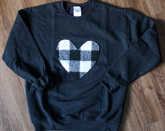 Oversized Black Heart Sweater | Upcycled Plaid Patch