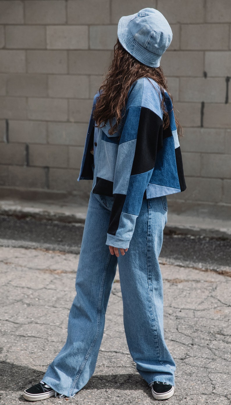 Patchwork Denim Jacket Button Up Jean Jacket Recycled Jeans Upcycled Denim Handmade Canadian Made Gift for Her Thrifted Denim image 3