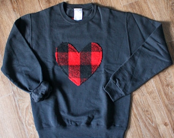 Red Plaid Heart Sweater | Lumberjack Plaid | Oversized | Long Sleeve | Unisex | Soft and Comfy Sweater | Holiday Sweater | Red Blacks