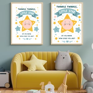 Nursery wall art, Twinkle Twinkle Little Star print for baby room decor, gender neutral kids room art,  whimsical woodland stars