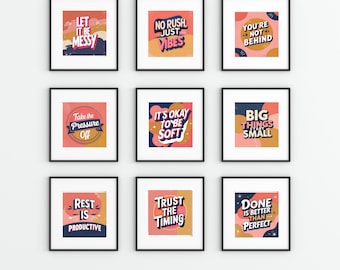 Retro Mental Health Affirmation Set of 10, Motivational Quote Wall Art, Vintage Self-Care Posters