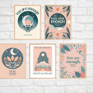 You Are Enough Printable Wall Art Set of 5 | Inspirational Quotes & Positive Affirmations | Boho Feminine Self Love Decor