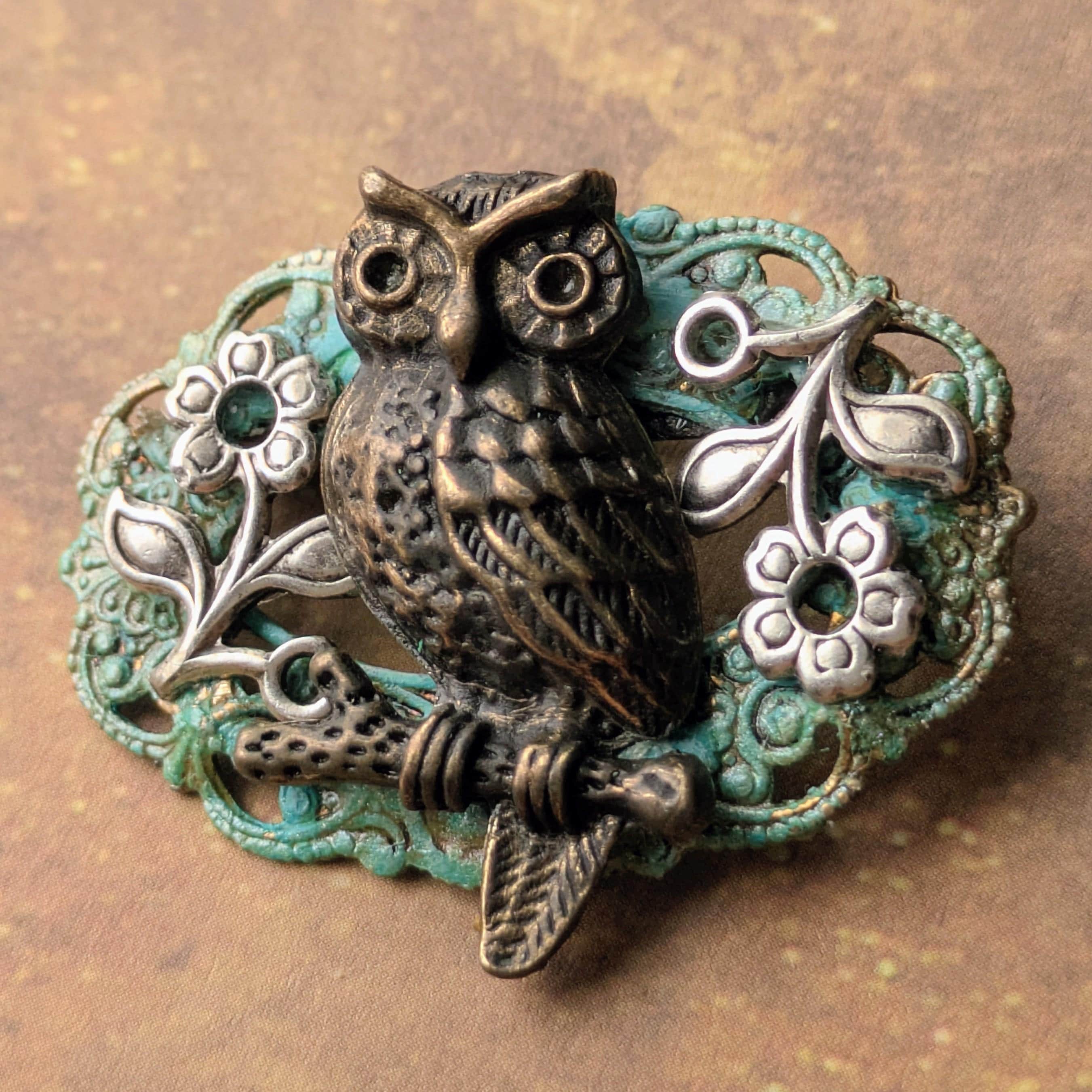 Owl Brooch Patina Brass, Hand Painted Green Verdigris Pin, Silver Flower Woodland Jewelry, Regal Lap