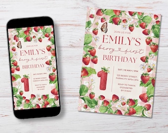 Invitación de primer cumpleaños con fresas, plantilla de invitación de fresa, primer cumpleaños imprimible, invitación de picnic, primera fresa, dulce fresa