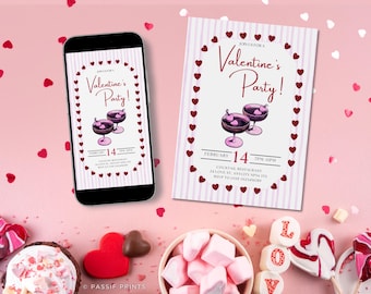 Invitación editable para San Valentín con corazones rosas (descarga inmediata)