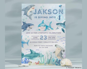Invitación de cumpleaños de tiburones: Sumergiéndonos en el mundo submarino (Descarga digital)