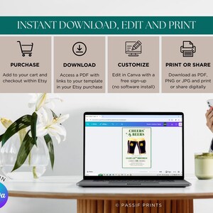 May include: A laptop displays a digital invitation with the text "Cheers & Beers" and a beer glass graphic. The image also shows instructions for purchase, download, customization, and printing. A vase of white flowers sits on a white table.