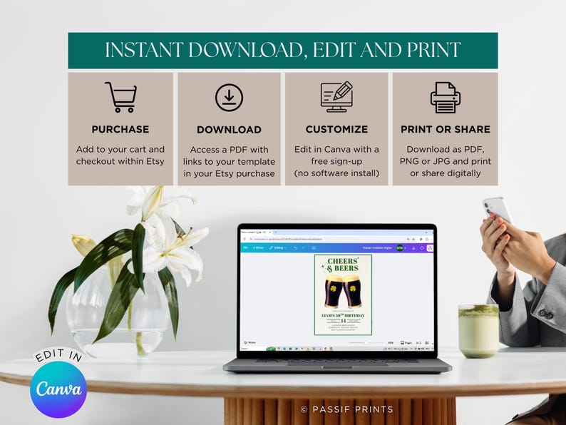 May include: A laptop displays a digital invitation with the text "Cheers & Beers" and a beer glass graphic. The image also shows instructions for purchase, download, customization, and printing. A vase of white flowers sits on a white table.