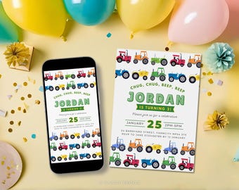 Invitación de cumpleaños con tractor colorido, plantilla para fiesta en la granja (descarga digital)