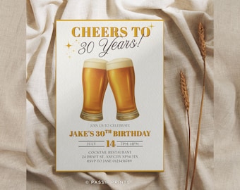 ¡Brindemos por treinta años de cerveza! Invitación de cumpleaños, plantilla de invitación para fiesta de cerveza, imprimible para cumpleaños de 30, 40, 50 y 60 años. ¡Brindemos por las cervezas!