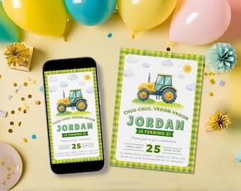 Invitación de cumpleaños de tractor, invitación editable de granja, plantilla de fiesta de tractores de acuarela (descarga instantánea), invitación de corral