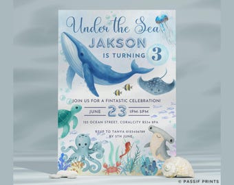 Invitación Bajo el Mar, Invitación Tres Bajo el Mar, Invitación Imprimible de Tercer Cumpleaños Neutral en Género, Linda Fiesta Oceánica, Fiesta Infantil en la Piscina, 3 Bajo el Mar