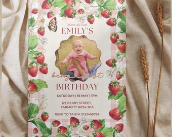Invitación fotográfica para el primer cumpleaños de Berry, fiesta de fresas, primer cumpleaños imprimible, invitación para picnic, primera fresa de Berry, dulce primer cumpleaños de Berry