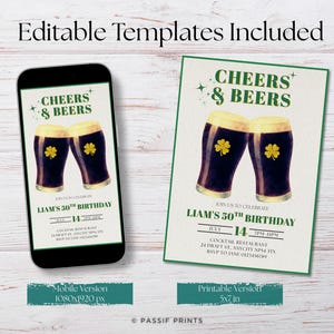 May include: An invitation design featuring two dark beer glasses with shamrock accents, the text "Cheers & Beers," and event details for a 50th birthday. Includes a mobile and printable version.