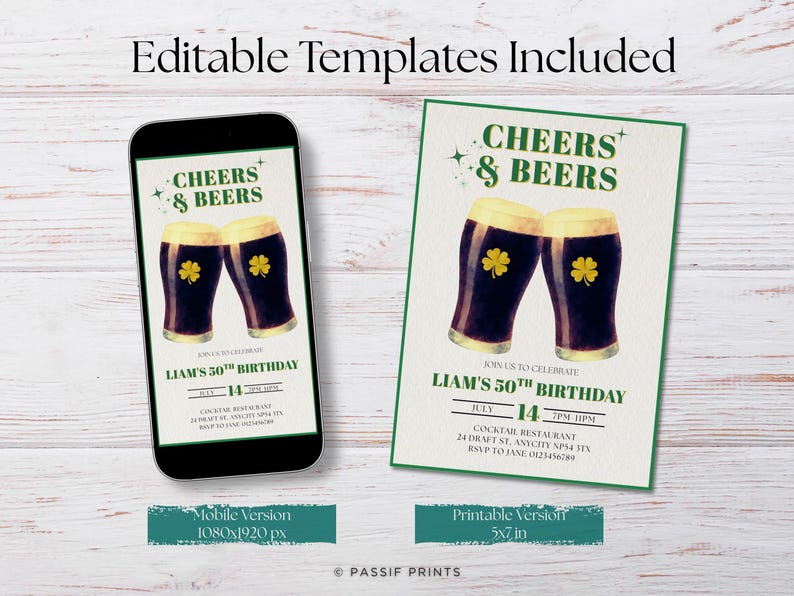 May include: An invitation design featuring two dark beer glasses with shamrock accents, the text "Cheers & Beers," and event details for a 50th birthday. Includes a mobile and printable version.