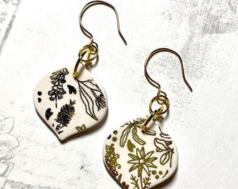 White & gold earrings, bottlebrush flower earrings, handmade polymer clay charms, OOAK, boho earrings, peta designs au, floral earrings