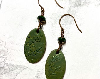 Olive green floral earrings, Czech glass earrings, handmade polymer clay charms, handmade earrings, OOAK, boho earrings, peta designs au,