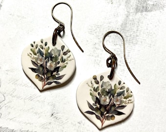 Flower & leaf bouquet earrings, handmade polymer clay charms, OOAK, boho earrings, peta designs au, floral earrings, leaf earrings,