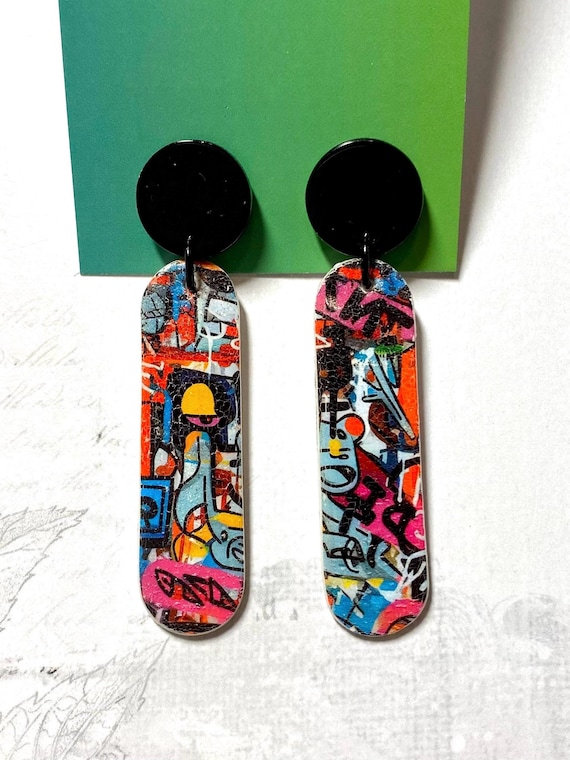 Abstract earrings, graffiti art earrings, colourful earrings, handmade polymer clay charms, OOAK, boho bohemian earrings, peta designs au