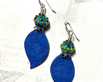 Blue floral earrings, bottlebrush flower earrings, handmade polymer clay charms, handmade earrings, OOAK, boho earrings, peta designs au