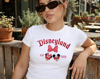 Disneyland Coquette Cherry Bow Mickey Minnie Baby Tee, WDW Disneyland Cherries Crop Top Girly Bella Canvas Disney Shirt Gift