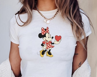 Retro Minnie Disney Baby Tee, Classic Minnie Mouse Shirt, Y2k 90s Style Mickey Tee, Heart Valentines Day, Birthday Gift For Her