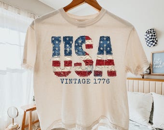 Camiseta holgada Comfort Colors® del 4 de julio, camiseta USA de imitación de patchwork, camiseta retro americana, patriótica, crop top patriótico del 4 de julio