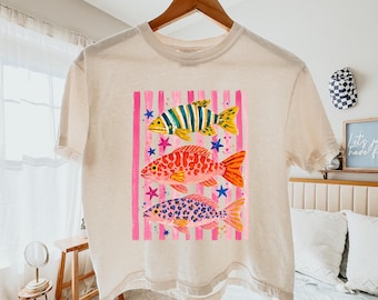 Comfort Colors Preppy Fish Graphic Boxy Tee, Coastal Summer Shirt, Beach Vacation Crop Top, Women's Graphic Cropped Tee