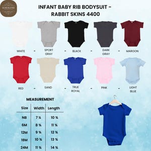 May include: Infant baby rib bodysuits in various colors, including white, black, and red. The image displays a size chart with measurements in inches. The text on the image reads "INFANT BABY RIB BODYSUIT - RABBIT SKINS 4400".