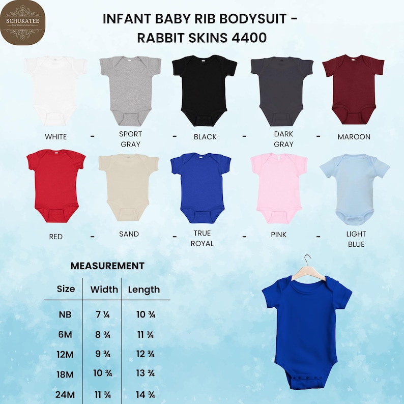 May include: Infant baby rib bodysuits in various colors, including white, black, and red. The image displays a size chart with measurements in inches. The text on the image reads "INFANT BABY RIB BODYSUIT - RABBIT SKINS 4400".