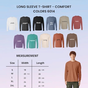 Puede incluir: Exhibici&oacute;n de camisetas de manga larga en varios colores, como blanco, negro y azul vaquero. La imagen incluye una tabla de tallas con medidas en cm. El texto dice "LONG SLEEVE T-SHIRT - COMFORT COLORS 6014."