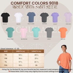 May include: A product image showcasing a variety of Comfort Colors 9018 unisex youth short sleeve t-shirts in various colors, including black, white, blue jean, pepper, violet, orchid, seafoam, blossom, chalky, gray, and melon. A size chart is also included, with measurements in inches.
