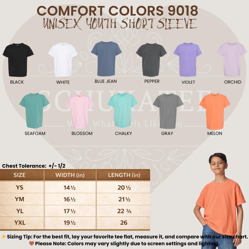 May include: A product image showcasing a variety of Comfort Colors 9018 unisex youth short sleeve t-shirts in various colors, including black, white, blue jean, pepper, violet, orchid, seafoam, blossom, chalky, gray, and melon. A size chart is also included, with measurements in inches.